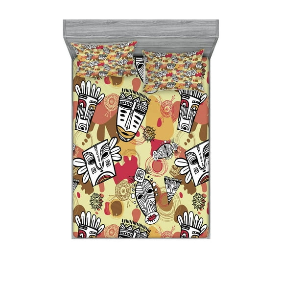 Ambesonne Tribal Fitted Sheet & Pillow Sham Set, Aboriginal, Full, Pale Khaki and Multicolor