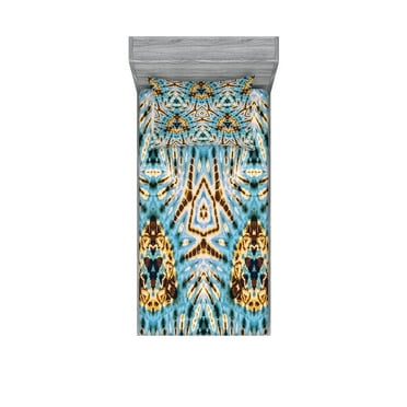 Ambesonne Tribal Fitted Sheet & Pillow Sham Set, Abstract Tribal Patterns, Twinxl, Blue Yellow