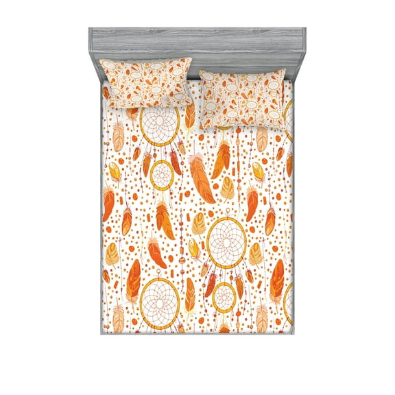 Ambesonne Tribal Fitted Sheet & Pillow Sham Set, Autumn Theme Dreamcatcher, Queen, Orange White