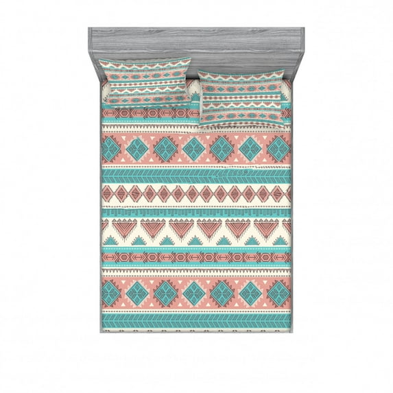 Ambesonne Tribal Fitted Sheet & Pillow Sham Set, Aztec Art Style, Queen, Cream Aqua and Peach