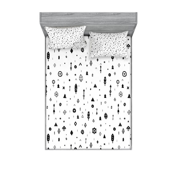 Ambesonne Tribal Fitted Sheet & Pillow Sham Set, Aztec Geometric Design, Full, Black and White