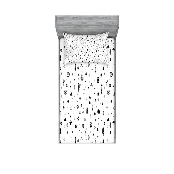 Ambesonne Tribal Fitted Sheet & Pillow Sham Set, Aztec Geometric Design, Twinxl, Black and White