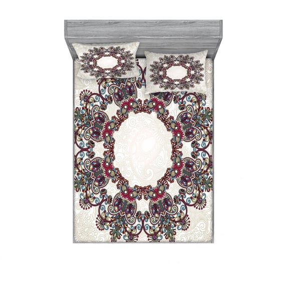 Ambesonne Tribal Fitted Sheet & Pillow Sham Set, Aztec Mandala, Full, Multicolor