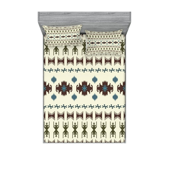 Ambesonne Tribal Fitted Sheet & Pillow Sham Set, Aztec Native, Full, Beige and Brown