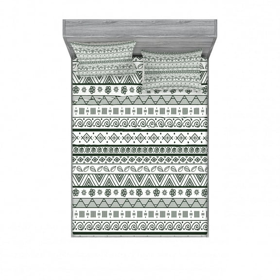 Ambesonne Tribal Fitted Sheet & Pillow Sham Set, Aztec Patterns, Queen, Hunter Green White