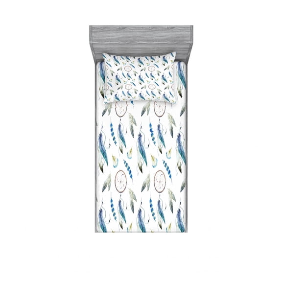 Ambesonne Tribal Fitted Sheet & Pillow Sham Set, Aztec Tribal Feahers, Twinxl, Violet Blue Pale Green