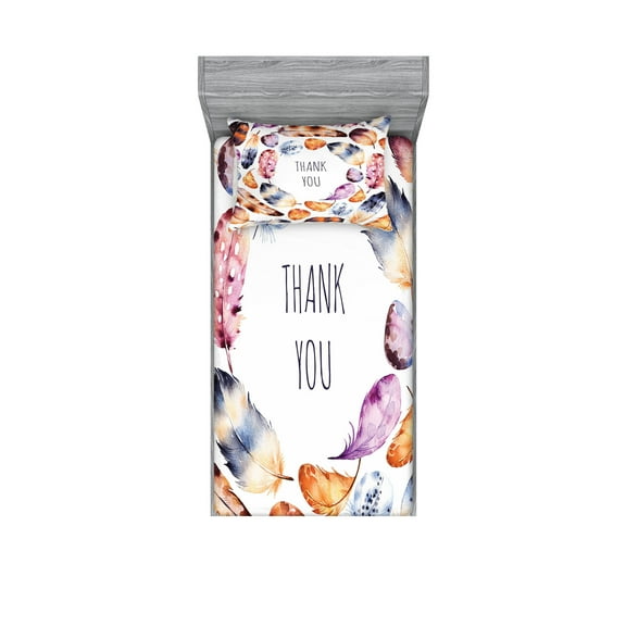 Ambesonne Tribal Fitted Sheet & Pillow Sham Set, Bird Feathers Thank You, Twin, Multicolor