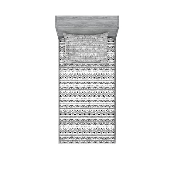 Ambesonne Tribal Fitted Sheet & Pillow Sham Set, Black White Aztec Border, Twinxl, Black and White