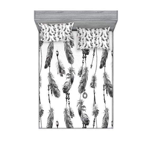 Ambesonne Tribal Fitted Sheet & Pillow Sham Set, Black White Boho Feather, Full, Charcoal Grey White