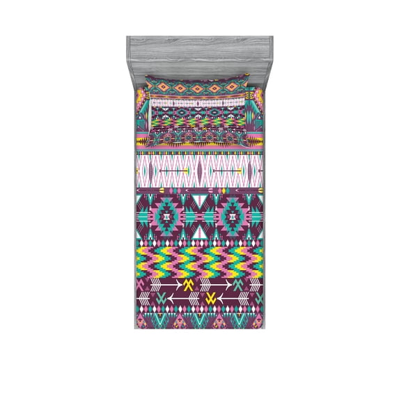 Ambesonne Tribal Fitted Sheet & Pillow Sham Set, Colorful Ethnic Aztec Forms, Twin, Teal Purple Yellow