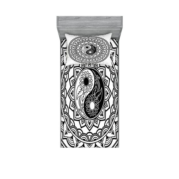 Ambesonne Tribal Fitted Sheet & Pillow Sham Set, Eastern Blossom Yin Yang, Twinxl, Black White