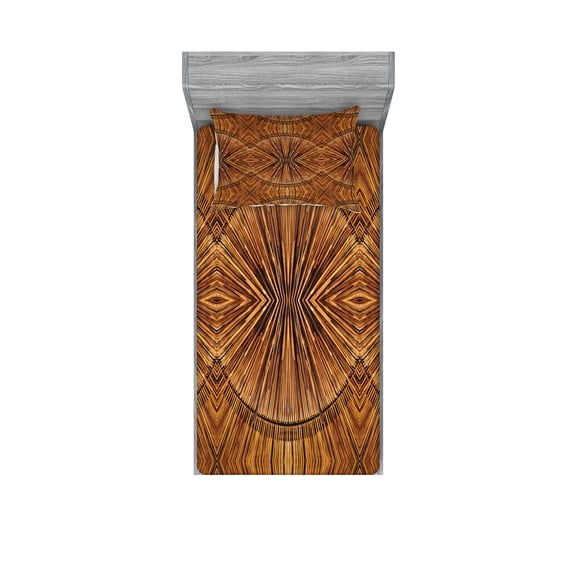 Ambesonne Tribal Fitted Sheet & Pillow Sham Set, Eastern Trippy Wood Pattern, Twinxl, Ginger