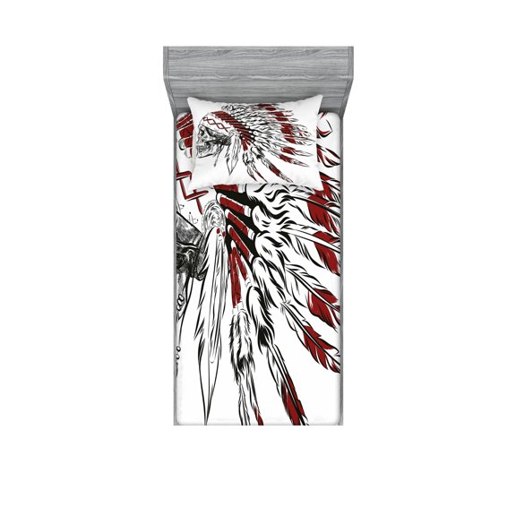 Ambesonne Tribal Fitted Sheet & Pillow Sham Set, Feather Headdress, Twin, Burgundy Black White