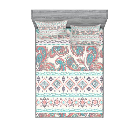 Ambesonne Tribal Fitted Sheet & Pillow Sham Set, Floral Paisley and Aztec, Full, Cream Aqua and Coral
