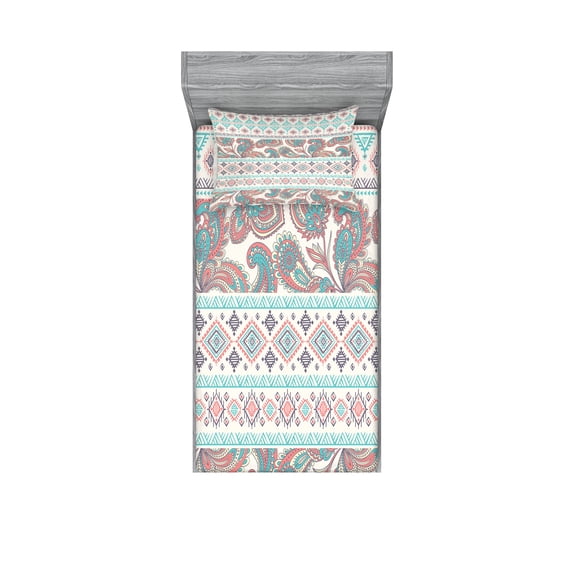 Ambesonne Tribal Fitted Sheet & Pillow Sham Set, Floral Paisley and Aztec, Twin, Cream Aqua and Coral