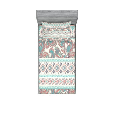 Ambesonne Tribal Fitted Sheet & Pillow Sham Set, Floral Paisley and Aztec, Twinxl, Cream Aqua and Coral