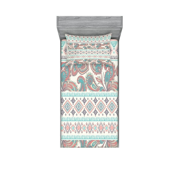 Ambesonne Tribal Fitted Sheet & Pillow Sham Set, Floral Paisley and Aztec, Twinxl, Cream Aqua and Coral