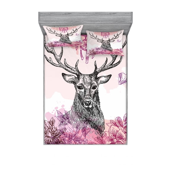 Ambesonne Tribal Fitted Sheet & Pillow Sham Set, Flower Leaves Hand Drawn, Full, Black Fuchsia