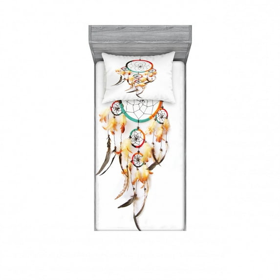Ambesonne Tribal Fitted Sheet & Pillow Sham Set, Folk Dreamcatcher Pattern, Twinxl, Multicolor