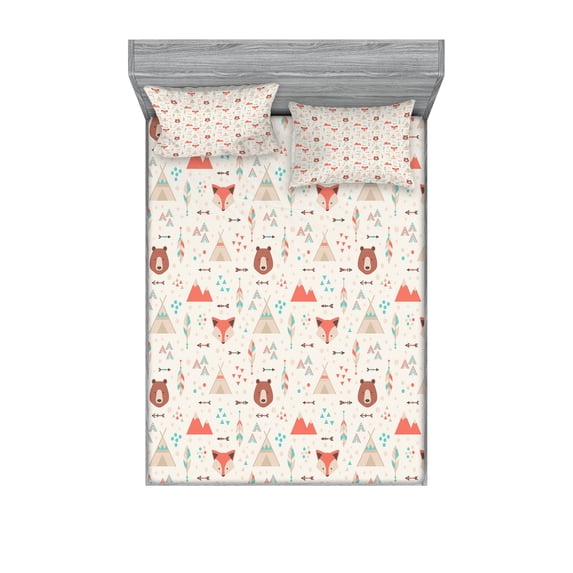 Ambesonne Tribal Fitted Sheet & Pillow Sham Set, Fox Bear Arrows, Queen, Salmon Amber White