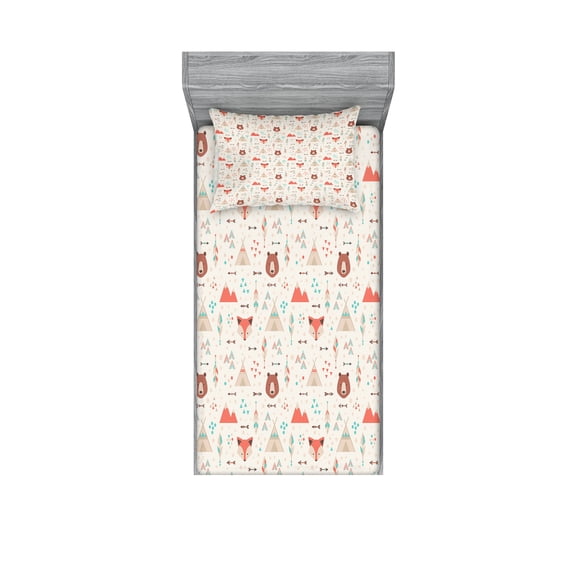 Ambesonne Tribal Fitted Sheet & Pillow Sham Set, Fox Bear Arrows, Twinxl, Salmon Amber White