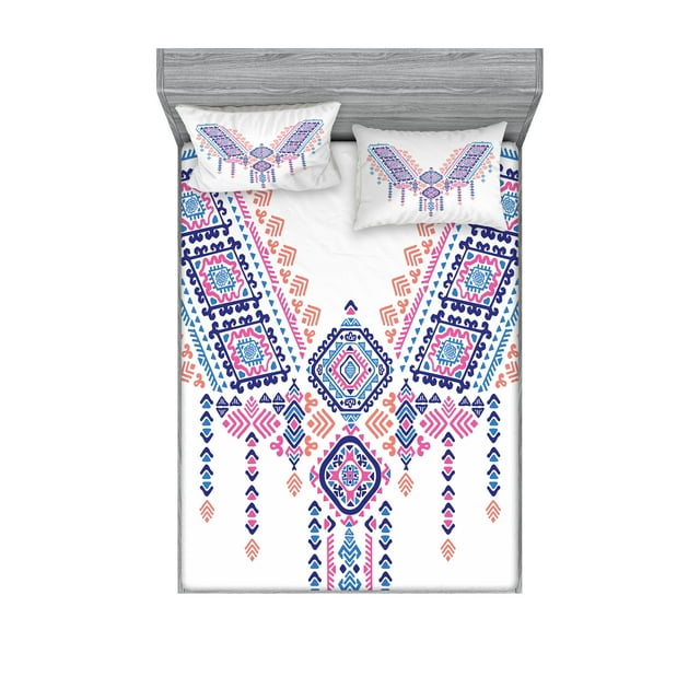 Ambesonne Tribal Fitted Sheet & Pillow Sham Set, Geometric Design, Queen, Coral Pink and Blue