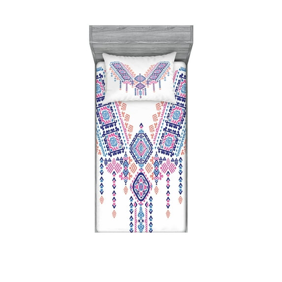Ambesonne Tribal Fitted Sheet & Pillow Sham Set, Geometric Design, Twinxl, Coral Pink and Blue