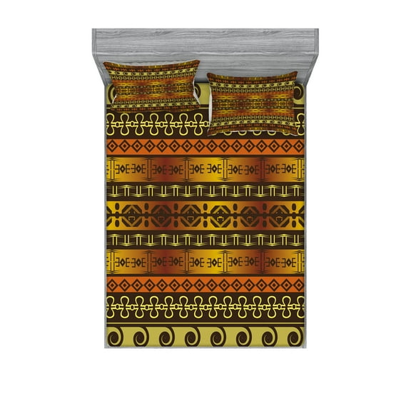 Ambesonne Tribal Fitted Sheet & Pillow Sham Set, Geometric Indigenous Art, Full, Brown Yellow Pale Orange