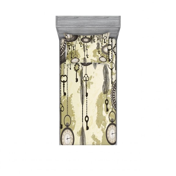 Ambesonne Tribal Fitted Sheet & Pillow Sham Set, Green Old 20s Design, Twin, Green Grey Cream