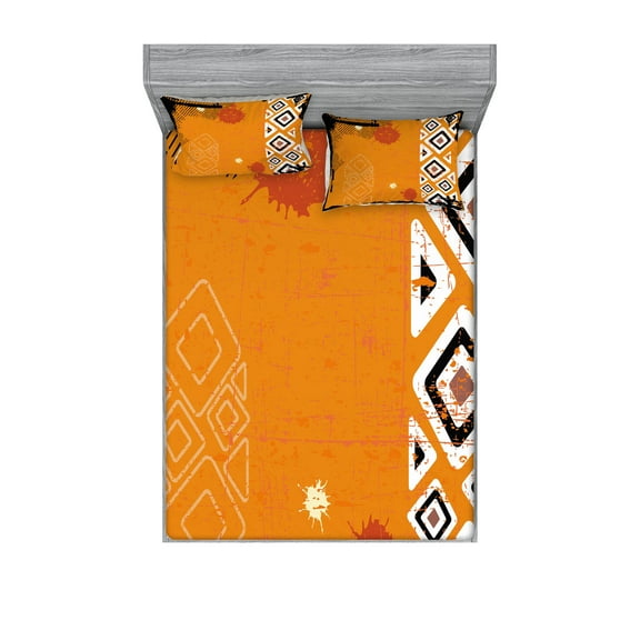 Ambesonne Tribal Fitted Sheet & Pillow Sham Set, Grungy Ethnic Triangles Art, Queen, Black Orange and White