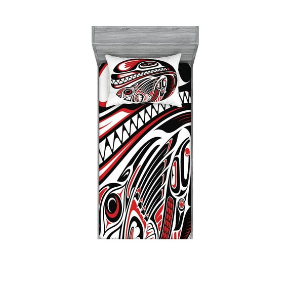 Ambesonne Tribal Fitted Sheet & Pillow Sham Set, Haida Animal Art, Twin, White Red Black