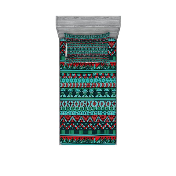Ambesonne Tribal Fitted Sheet & Pillow Sham Set, Hand Drawn Aztec, Twin, Red Blue Teal