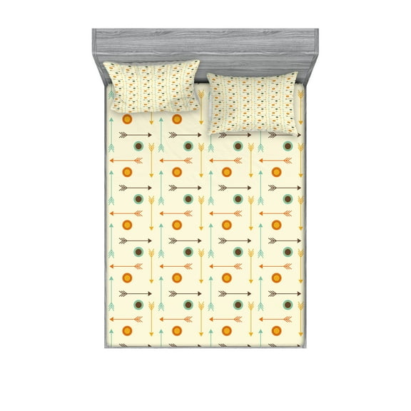 Ambesonne Tribal Fitted Sheet & Pillow Sham Set, Hipster Geometric, Full, Mint Green Orange Cream