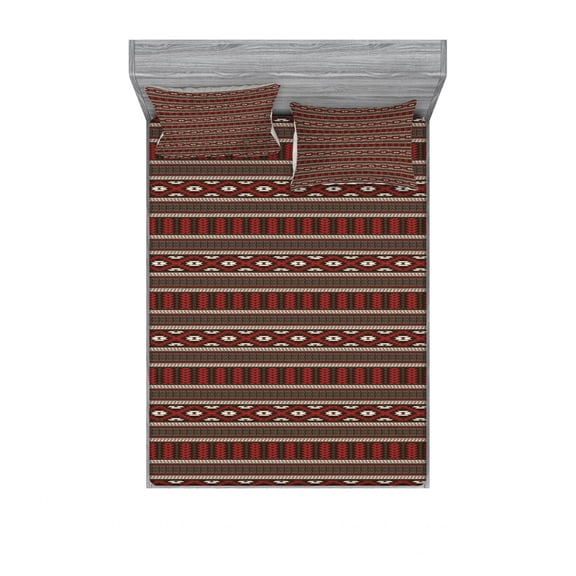 Ambesonne Tribal Fitted Sheet & Pillow Sham Set, Ikat Style, Full, Black Ruby White