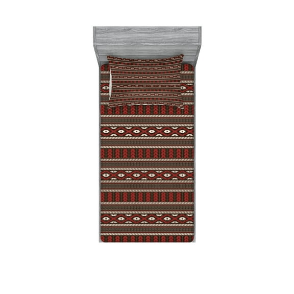 Ambesonne Tribal Fitted Sheet & Pillow Sham Set, Ikat Style, Twinxl, Black Ruby White