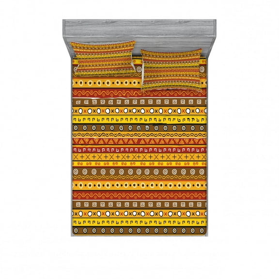 Ambesonne Tribal Fitted Sheet & Pillow Sham Set, Indigenous Art, Queen, Orange Yellow
