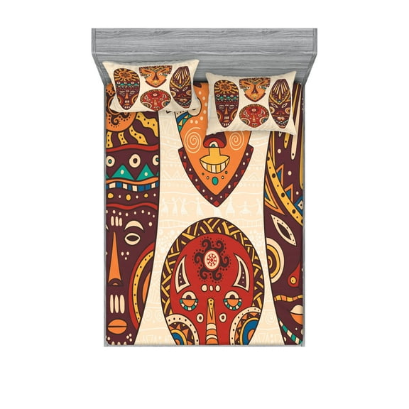 Ambesonne Tribal Fitted Sheet & Pillow Sham Set, Indigenous Folk Graphic, Full, Multicolor