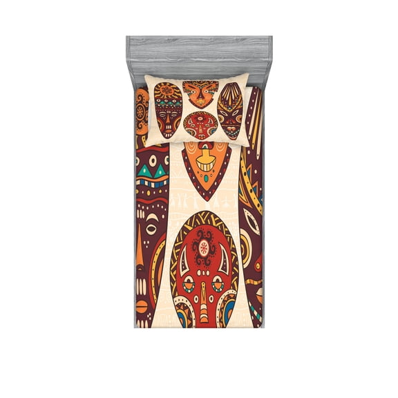 Ambesonne Tribal Fitted Sheet & Pillow Sham Set, Indigenous Folk Graphic, Twin, Multicolor