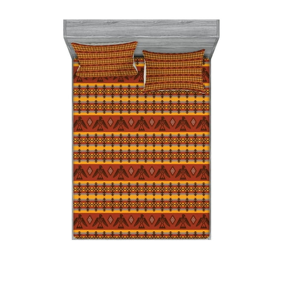 Ambesonne Tribal Fitted Sheet & Pillow Sham Set, Indigenous Motifs, Queen, Cinnamon Marigold Grey
