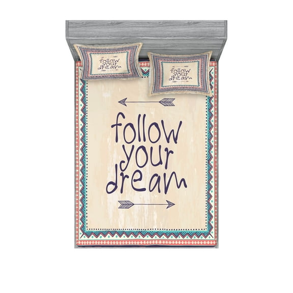 Ambesonne Tribal Fitted Sheet & Pillow Sham Set, Inspirational Aztec Art, Queen, Tan Coral Blue