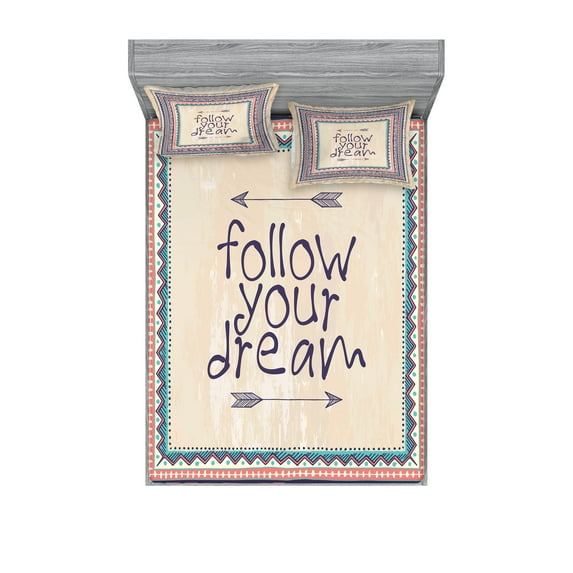 Ambesonne Tribal Fitted Sheet & Pillow Sham Set, Inspirational Aztec Art, Queen, Tan Coral Blue