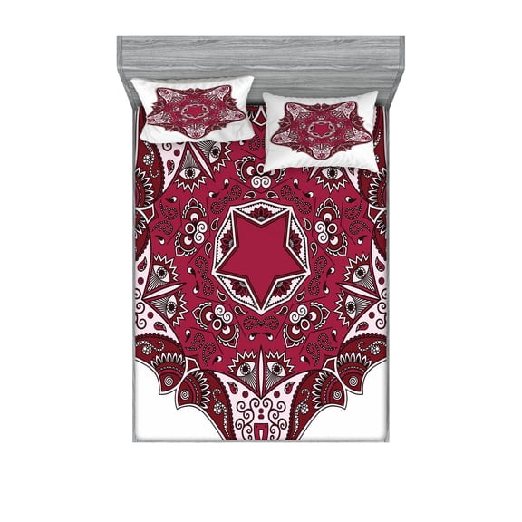 Ambesonne Tribal Fitted Sheet & Pillow Sham Set, Maroon Mandala, Full, Red