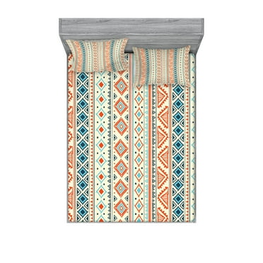 Ambesonne Tribal Fitted Sheet & Pillow Sham Set, Mexican Aztec Pattern, Queen, Blue Orange Ivory