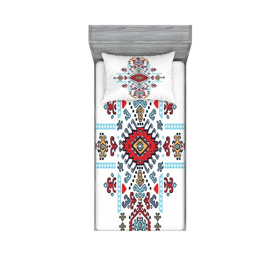 Ambesonne Tribal Fitted Sheet & Pillow Sham Set, Mexican Pattern, Twin, Multicolor