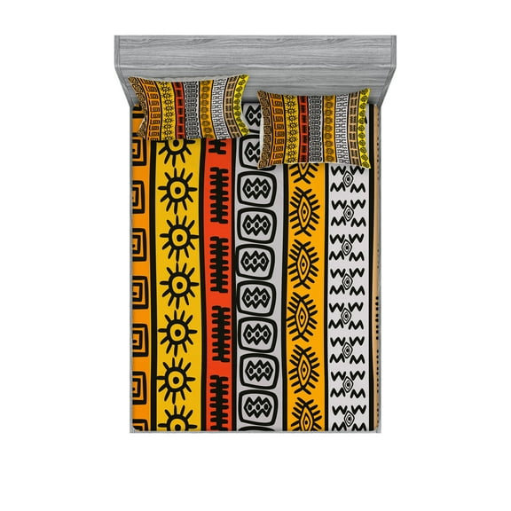 Ambesonne Tribal Fitted Sheet & Pillow Sham Set, Motifs, Queen, Black Orange and Yellow