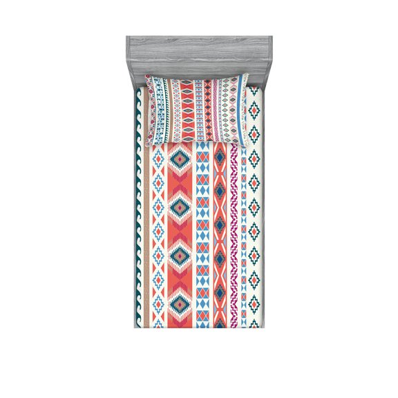 Ambesonne Tribal Fitted Sheet & Pillow Sham Set, Motifs, Twin, Multicolor