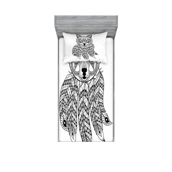 Ambesonne Tribal Fitted Sheet & Pillow Sham Set, Native America Wolf Head, Twin, White and Black