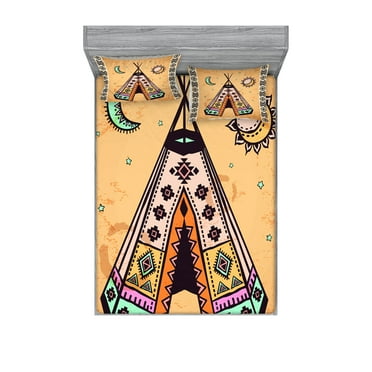 Ambesonne Tribal Fitted Sheet & Pillow Sham Set, Native Bohemian Signs, Queen, Pale Coffee Brown