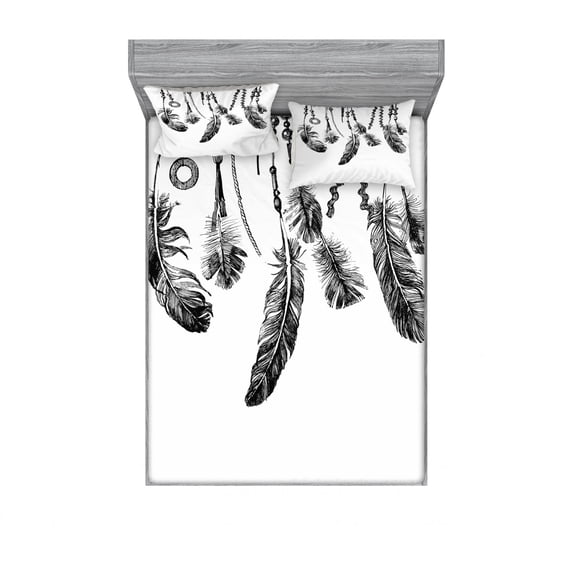 Ambesonne Tribal Fitted Sheet & Pillow Sham Set, Native Feathers, Full, White and Black