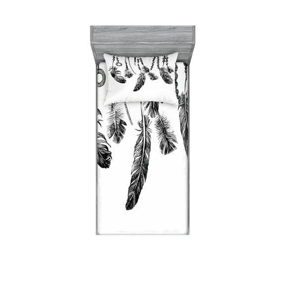 Ambesonne Tribal Fitted Sheet & Pillow Sham Set, Native Feathers, Twinxl, White and Black